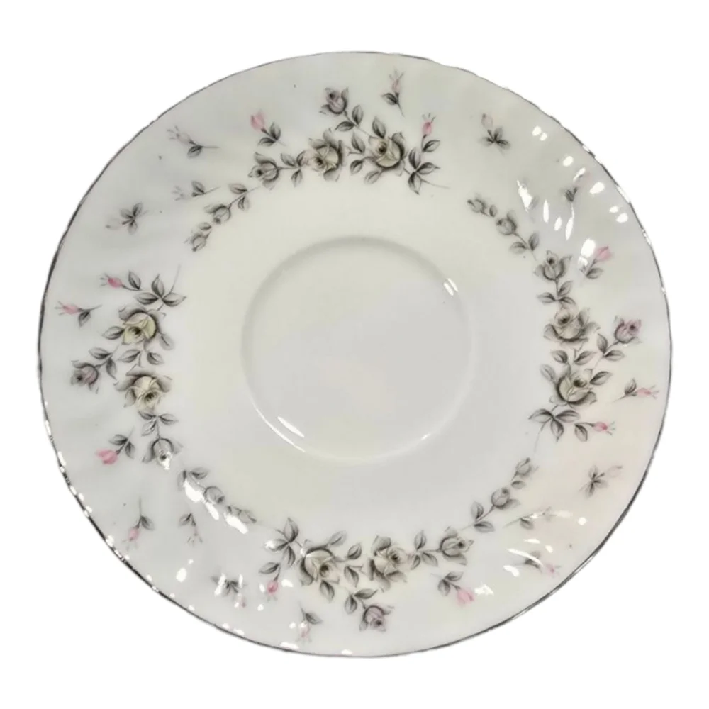 Style House Picardy Tea Saucers Set of 11 Bone China Silver Trim Floral Rosebud‎